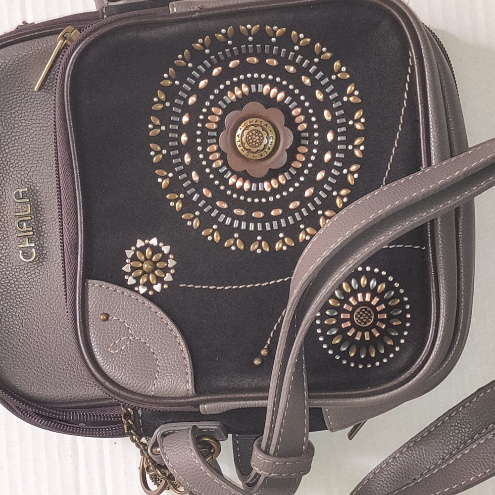 Chala Gray and Brown Crossbody Bag with Mandala Patterns